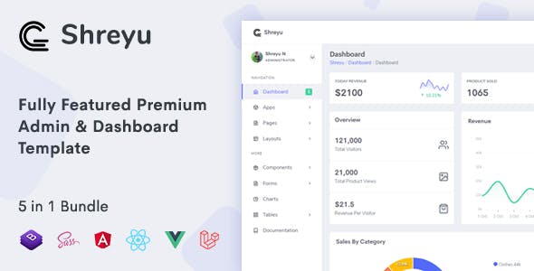 Shreyu - Admin & Dashboard, Angular, React, Vue and Laravel